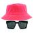 Kit Com Chapéu Bucket, Óculos de Sol Geométrico Com Armação Quadrada Com Proteção Solar Uv400 Lente Escura Fashion MD-43 ROSA NEON