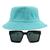 Kit Com Chapéu Bucket, Óculos de Sol Geométrico Com Armação Quadrada Com Proteção Solar Uv400 Lente Escura Fashion MD-43 VERDE TURQUESA