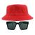 Kit Com Chapéu Bucket, Óculos de Sol Geométrico Com Armação Quadrada Com Proteção Solar Uv400 Lente Escura Fashion MD-43 Vermelho