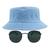 Kit Com Chapéu Bucket Óculos de Sol Hexagonal Com Armação De Metal Pequeno Com Proteção Uv400 Estiloso Casual Foto MD-29 Azul claro