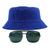 Kit Com Chapéu Bucket, Óculos de Sol Quadrado Com Armação Metálica Lente Escura Com Proteção Solar Uv400 Unissex MD-24 Azul royal