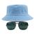 Kit Com Chapéu Bucket, Óculos de Sol Quadrado Com Armação Metálica Lente Escura Com Proteção Solar Uv400 Unissex MD-24 Azul claro