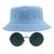 Kit Com Chapéu Bucket, Óculos de Sol Redondo Com Armação De Metal Grande Cores Com Proteção Uv400 Retro Moda Rock MD-30 Azul claro