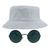 Kit Com Chapéu Bucket, Óculos de Sol Redondo Com Armação De Metal Grande Cores Com Proteção Uv400 Retro Moda Rock MD-30 Branco