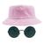 Kit Com Chapéu Bucket, Óculos de Sol Redondo Com Armação De Metal Grande Cores Com Proteção Uv400 Retro Moda Rock MD-30 Rosa claro