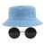 Kit Com Chapéu Bucket, Óculos de Sol Redondo Lente Escura Com Armação Metálica Com Proteção Uv400, Estiloso Rock MD-26 Azul claro
