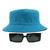 Kit Com Chapéu Bucket, Óculos de Sol Retangular Estreito Com Armação Grossa Geométrica Com Proteção Uv400 Fashion MD-32 Azul