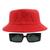 Kit Com Chapéu Bucket, Óculos de Sol Retangular Estreito Com Armação Grossa Geométrica Com Proteção Uv400 Fashion MD-32 Vermelho