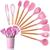 Kit de Utensílios de Cozinha Premium com 12 Peças em Silicone e Cabo de Madeira  Elegância e Funcionalidade para o Seu Dia a Dia Rosa Claro