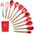 Kit Utensílios Cozinha Jogo 12 Peças Silicone Cabo Madeira Conjunto Completo Escumadeira Colher Espátula Concha Fritura Vermelho