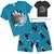 Pijama Infantil Masculino Camiseta + Bermuda em Meia Malha Brilha no Escuro Kyly Azul dino moon