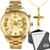 Relógio Masculino Analógico Quartz Aço Inox Dourado Prata + Corrente Crucifixo 60cm Banhado 18k Dourado