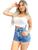 Shorts Jeans Lycra cintura alta Bordado curto Sal e Pimenta Azul