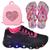Tênis Infantil Cadarço Feminino Masculino Com Led Escolar +Chinelo+Mochila Preto pink