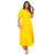 Vestido plus size feminino manga curta midi com cinto e saia evase em crepe elegante com forro Amarelo