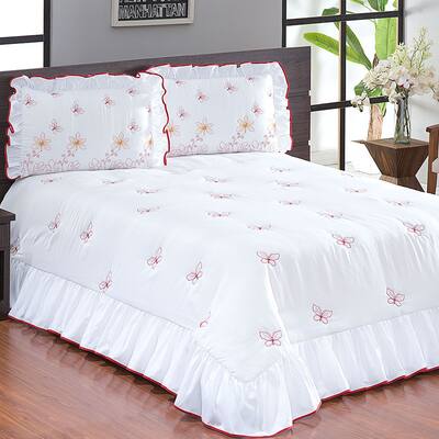 Colcha Casal Queen Matelada e Bordada Borboletas com Portas Bordados 03 Peças