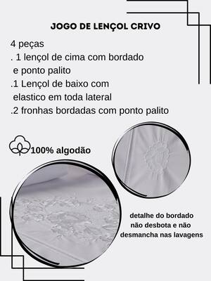 Jogo Lençol Casal Percal 200 Fios Bordado 100 % Algodão 4 Peças