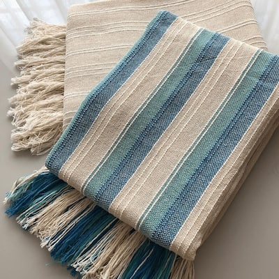 Kit 2 Mantas Para Sofá Azul De Faixa E Cru Luxo 100% Algodão Tear Mineiro Artesanal