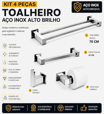 Kit Acessórios Banheiro Lavabo 4 Peças Aço Inox 304 Q4D