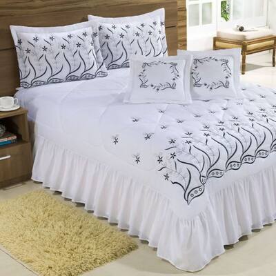 Kit Cobre Leito Casal Padrão Desejos 07 Peças Bordado - Branco com Preto