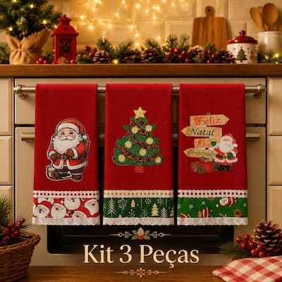 Pano de Prato Bordado NATAL Patchwork Kit 3 unidades Vermelho