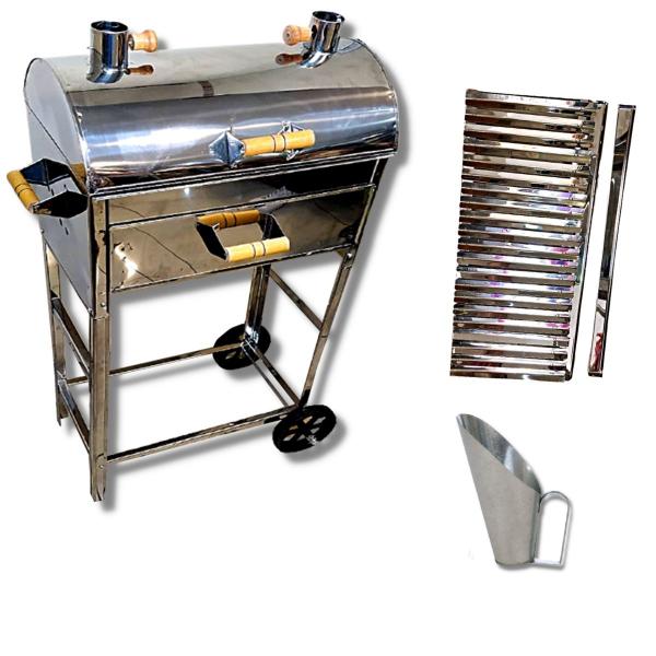 Churrasqueira Inox Grande A Bafo Parrilla Carrinho Carvão Com Pegador de Carvão