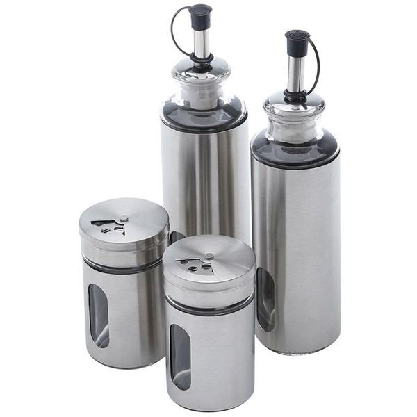Conjunto Galheteiro de Aço Inox e Vidro 5 peças Pointer - Bon Gourmet Imagem de Conjunto Galheteiro de Aço Inox e Vidro 5 peças Pointer - Bon Gourmet