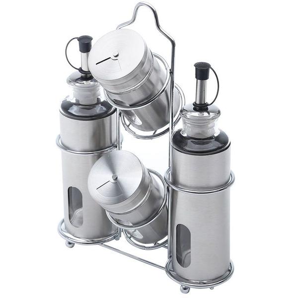 Conjunto Galheteiro de Aço Inox e Vidro 5 peças Pointer - Bon Gourmet Imagem de Conjunto Galheteiro de Aço Inox e Vidro 5 peças Pointer - Bon Gourmet