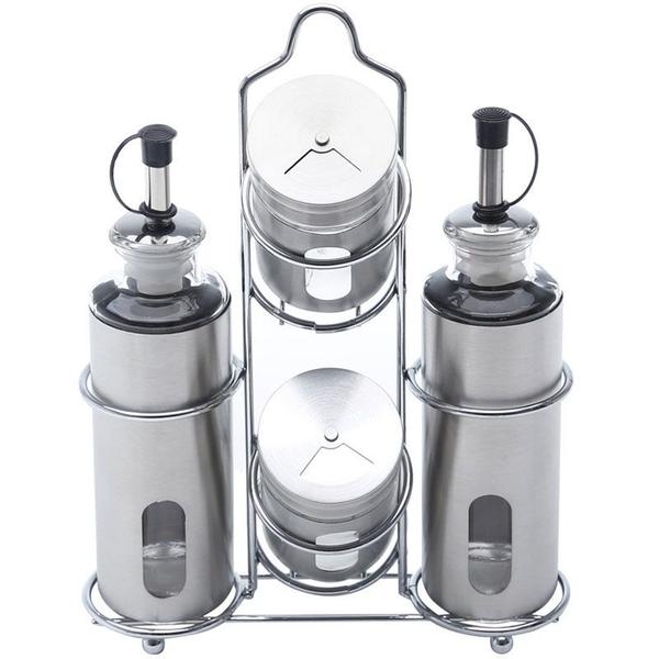 Conjunto Galheteiro de Aço Inox e Vidro 5 peças Pointer - Bon Gourmet Imagem de Conjunto Galheteiro de Aço Inox e Vidro 5 peças Pointer - Bon Gourmet
