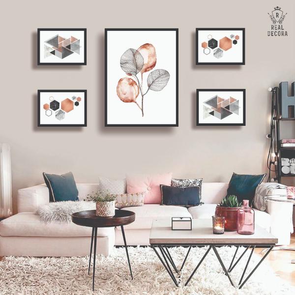 Conjunto kit 5 quadros decorativos geometrico rose gold quarto sala - Real Decora Imagem de Conjunto kit 5 quadros decorativos geometrico rose gold quarto sala