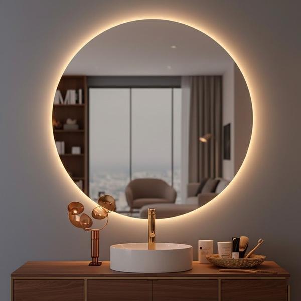 Espelho com Touch Redondo 50x50 Lapidado com Led 3 Cores Banheiro e Penteadeira