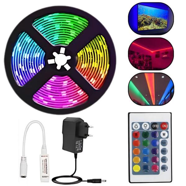 Fita Led 5m Rolo Rgb 300 Led + Controle + Fonte