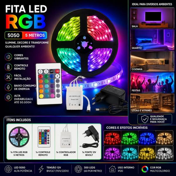 Fita LED RGB 5050 5m Controle Fonte 12V Bivolt  Iluminação Colorida Alta Potência