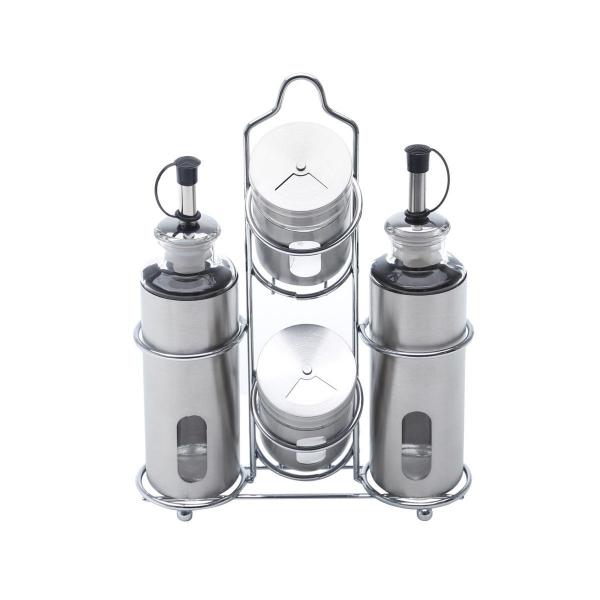 Galheteiro 4 peças em aço inox e vidro com suporte Pointer Bon Gourmet - 25796 Imagem de Galheteiro 4 peças em aço inox e vidro com suporte Pointer Bon Gourmet - 25796