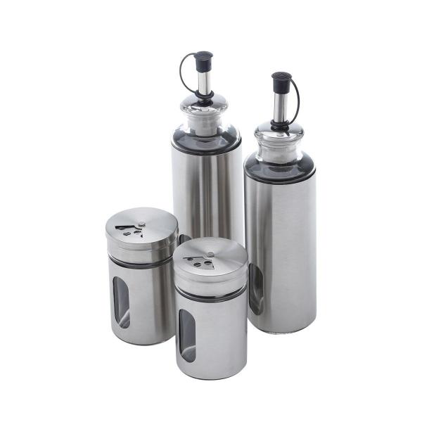 Galheteiro 4 peças em aço inox e vidro com suporte Pointer Bon Gourmet - 25796 Imagem de Galheteiro 4 peças em aço inox e vidro com suporte Pointer Bon Gourmet - 25796
