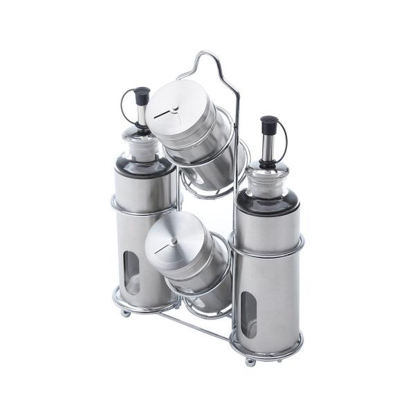 Galheteiro 4 peças em aço inox e vidro com suporte Pointer Bon Gourmet - 25796 Imagem de Galheteiro 4 peças em aço inox e vidro com suporte Pointer Bon Gourmet - 25796