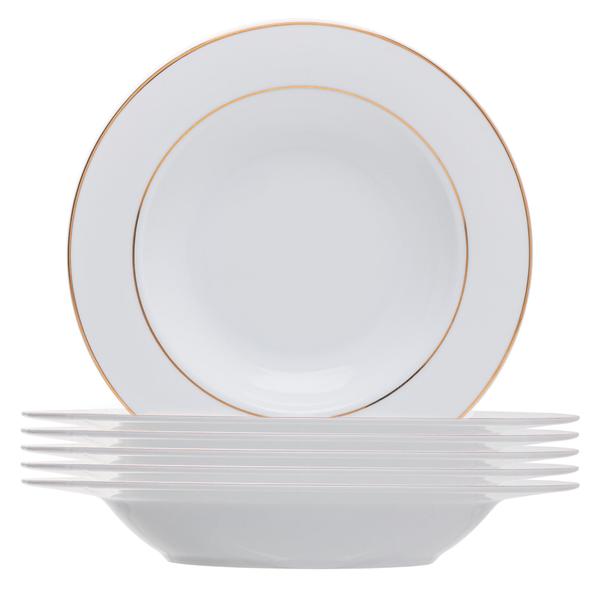 Jogo 6 pratos fundos 21,5 cm de porcelana branca com fio de ouro Monaco Wolff - 18081