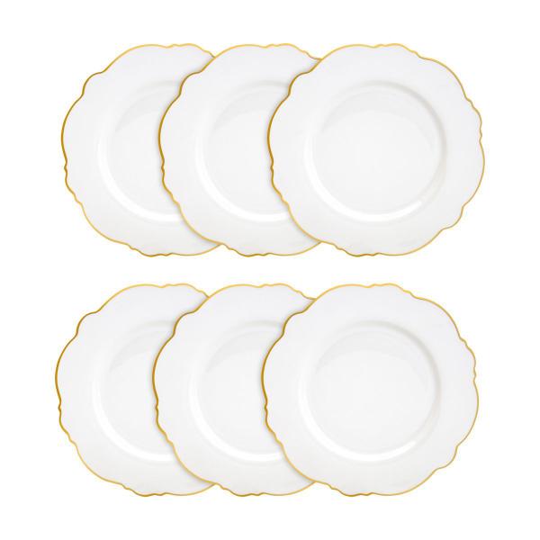 Jogo 6 pratos rasos 28 cm de porcelana branca com fio dourado Maldivas Wolff - 18053
