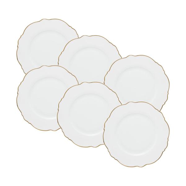 Jogo 6 pratos sobremesa 21 cm de porcelana branca com fio dourado Maldivas Wolff - 18054