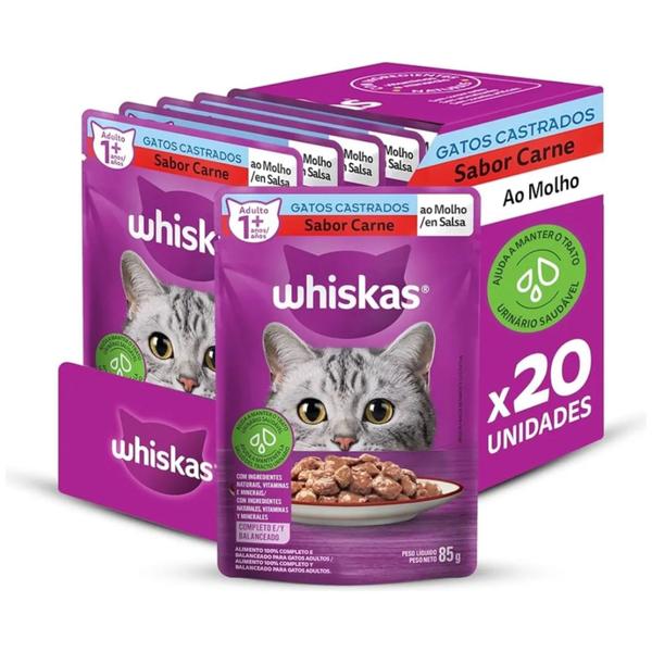 Kit 20 Sachês Whiskas Gato Adulto Castrado Carne 85g