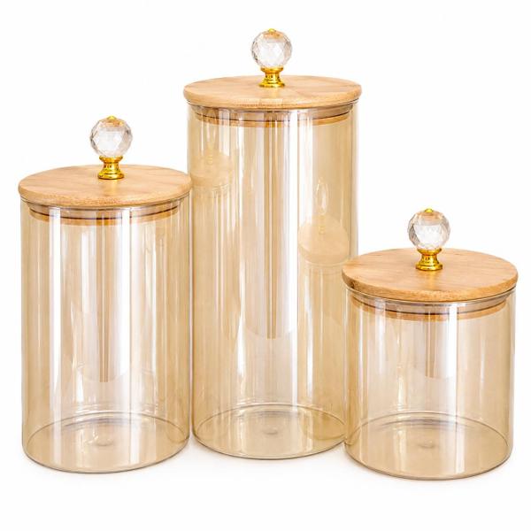 Kit 3 Potes de Vidro Hermético Âmbar com Tampa de Bambu Bolinha Porta Mantimentos e Temperos Cozinha