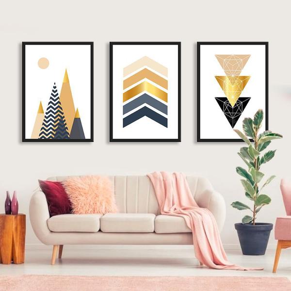 Kit de Quadros Decorativos Geométricos Gold - Santo Quadro Imagem de Kit de Quadros Decorativos Geométricos Gold