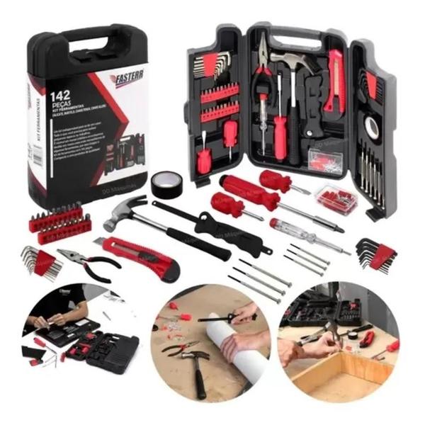 Kit Ferramentas Completo 142 Peças Maleta Jogo Multiuso Chaves Martelo Soquetes Manuais Oficina