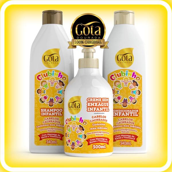 Kit Infantil Gota Dourada Cabelos Cacheados com Shampoo Condicionador e Creme de Pentear