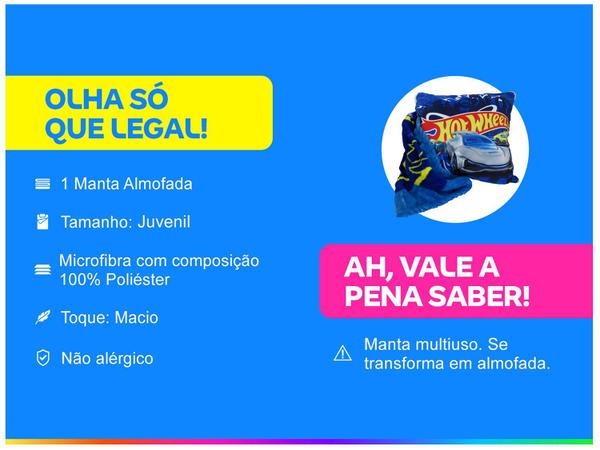 Manta Almofada Juvenil Jolitex Microfibra Mattel - Hot Wheels Azul Imagem de Manta Almofada Juvenil Jolitex Microfibra Mattel