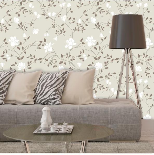 Papel de Parede Floral em Tons de Branco e Bege - Inove Papéis De Parede Imagem de Papel de Parede Floral em Tons de Branco e Bege