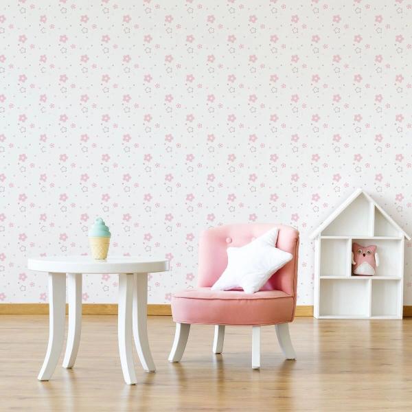 Papel de Parede Floral Rosa Infantil Adesivo 2,70x0,57m - Quartinhos Imagem de Papel de Parede Floral Rosa Infantil Adesivo 2,70x0,57m