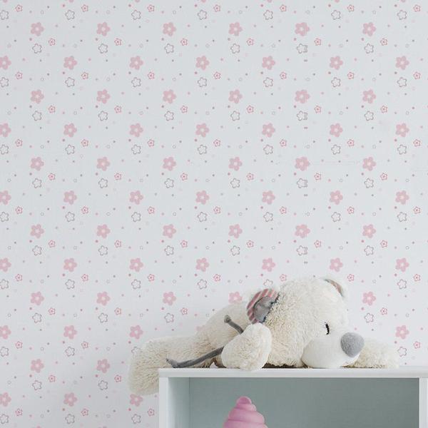 Papel de Parede Floral Rosa Infantil Adesivo 2,70x0,57m - Quartinhos Imagem de Papel de Parede Floral Rosa Infantil Adesivo 2,70x0,57m