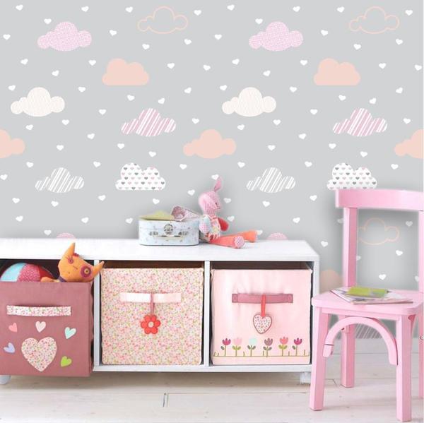 Papel de Parede Infantil Corações com Nuvens - Inove Papéis De Parede Imagem de Papel de Parede Infantil Corações com Nuvens