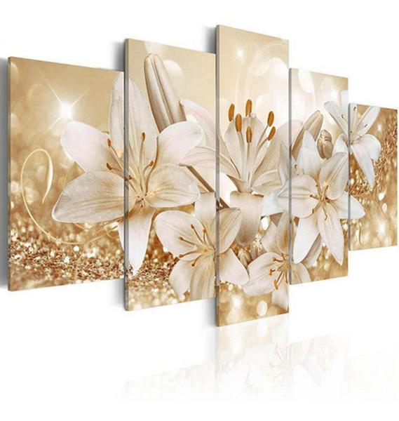 Quadros Flores Lirios Com Efeito Dourados Brilhantes 5 Peças - Neyrad Imagem de Quadros Flores Lirios Com Efeito Dourados Brilhantes 5 Peças